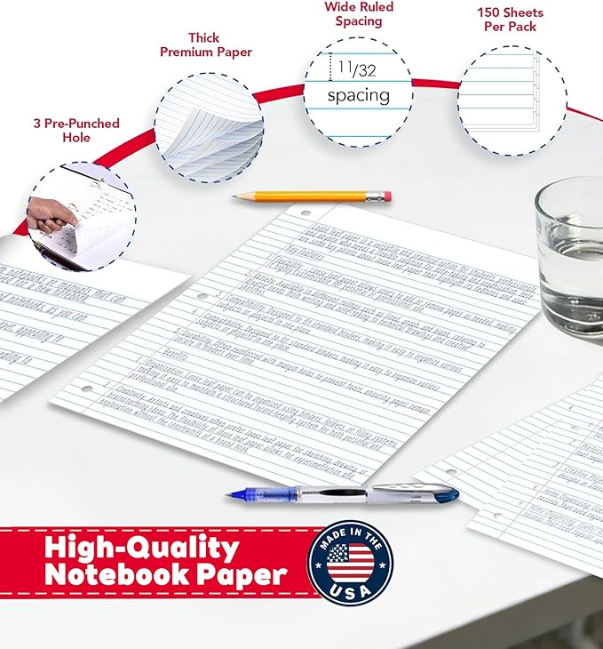 Woodlake Loose Leaf Paper, Wide Ruled Notebook Paper, 8 x 10.5”, 150 Sheets per Pack, 3 Pack Bulk Lined Filler Paper, 3 Hole Punched, 60gsm, Made in USA