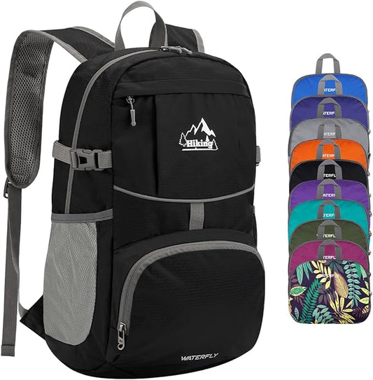 WATERFLY Hiking Packable Daypack Backpack: 25L Ultra Lightweight Day Pack for Women Men - Small Compact Folding Back Pack for Outdoor Sport Cycling Camping Travel Trip - Black