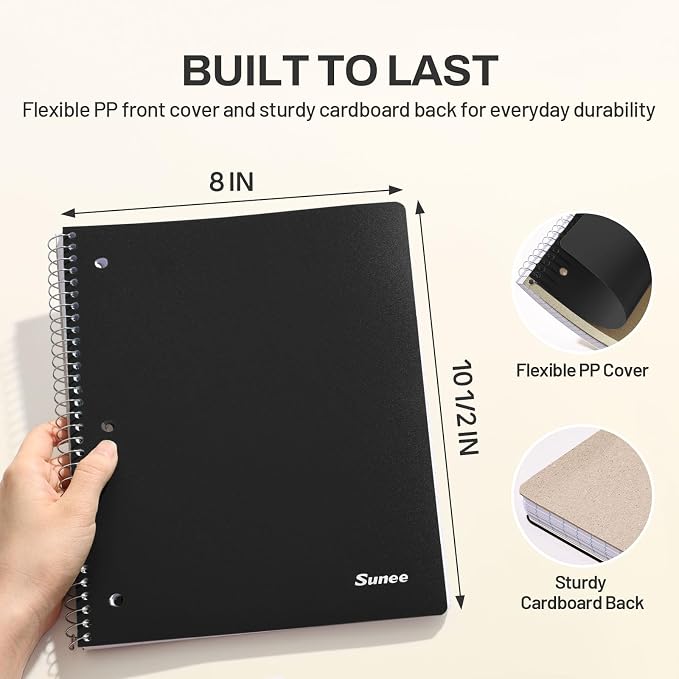 SUNEE Spiral Notebook, 1-Subject, Graph Ruled Paper, 8" x 10-1/2", 100 Sheets per Notebook, 3-Hole Punched Paper, Water Resistant Cover, Spiral Grid Notebooks for Work, Home, School, Writing, Black