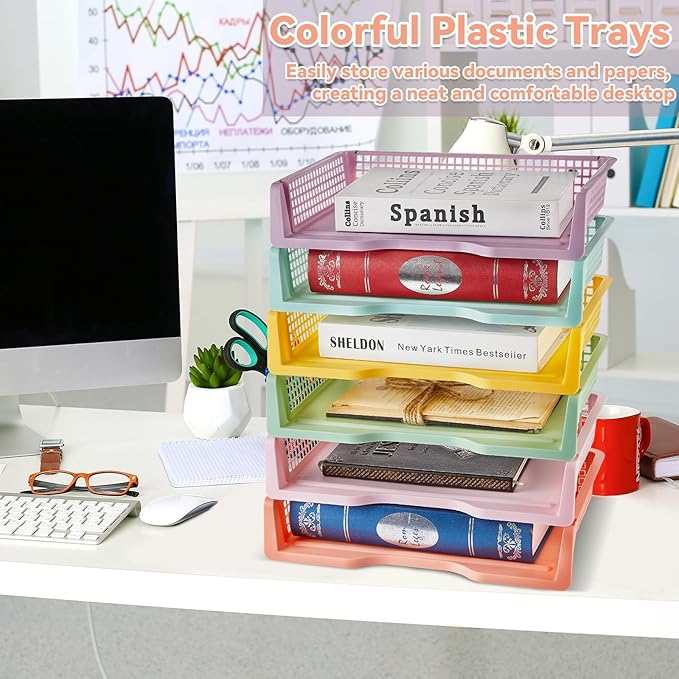 gisgfim 6 Pcs Turn in Trays Classroom Pastel Paper Tray for Classroom Organization and Storage Stackable Plastic Book Baskets Turn in Bins Teacher Organizers for Library Drawers School Office Desk