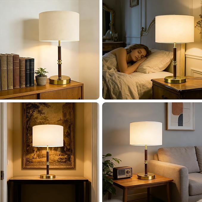 Table Lamp for Bedroom with Dual USB Ports, 19.3" Wood & Metal Mid Century Lamps Table Lamp for Living Room, Bedside Table Lamp with Linen Shade, Home Decor (Bulb Not Included)