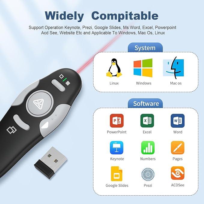 QUI 2 Pack Presentation Clicker, Wireless Presenter Remote Clicker for PowerPoint, Slide Advancer for Mac, Windows, Google Slide, Keynote (USB, Black Pink)