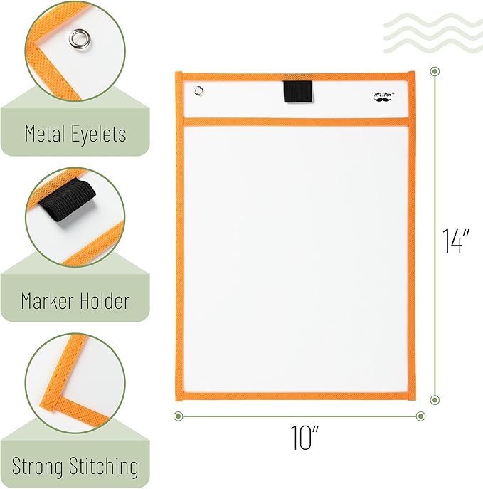 Mr. Pen- Reusable Dry Erase Pocket Sleeves, 10" x 14", 6 Pack, Colorful, Clear Plastic Paper Sleeves, Ticket Holders, Clear Plastic Sheet Protectors, Teacher, School, Classroom Supplies
