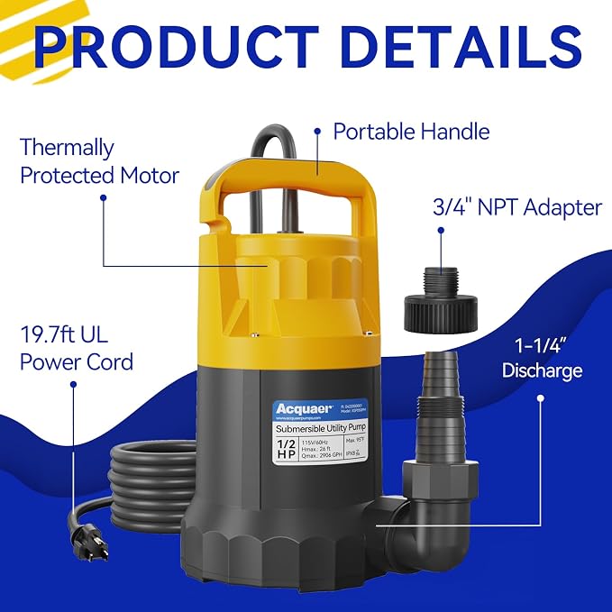1/2HP Sump Pump, 2906GPH Submersible Water Pump | Utility Pump for Water Removal in Hot Tubs, Pools, Basements, and Garden Ponds