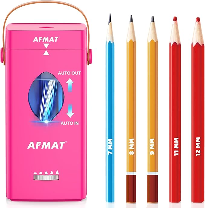 AFMAT Electric Pencil Sharpener, Fully Automatic Pencil Sharpener for 6-12mm No.2/Jumbo Pencils, Auto in & Out, 5 Sharpness Modes, Rechargeable Heavy Duty Sharpeners for Classroom/Home/Office PSC7