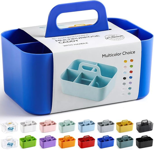 Multiuse Caddy Organizer with Handle, Portable Plastic Tote Bin - Art Craft, Stationary Pen Marker Crayons, Makeup Hair Supplies Storage - Bathroom, Classroom, Dorm, Office, Desk Holder - Dark Blue