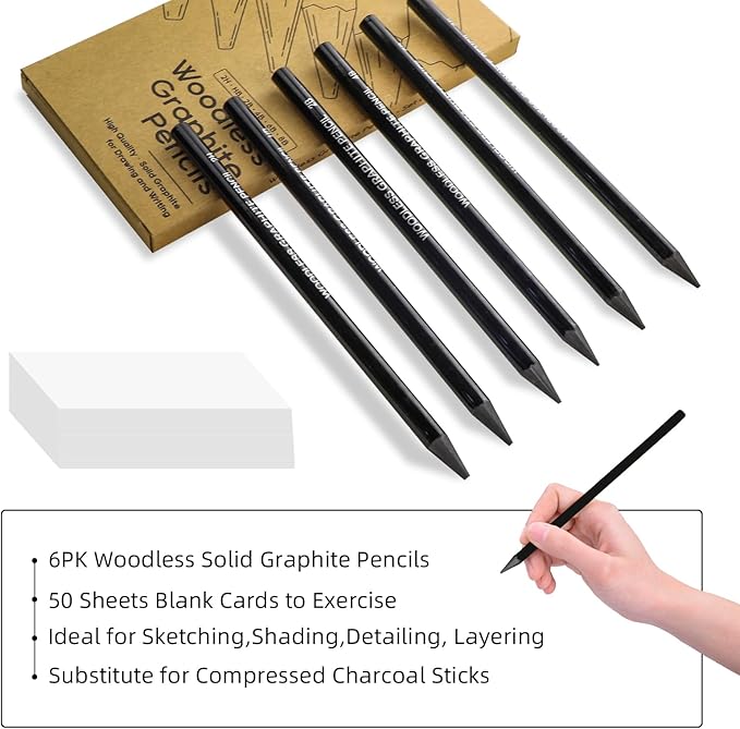 LIVHOLIC Woodless Graphite Drawing Pencils Set,6 Black Lead Pre-Sharpened 2H HB, 2B, 4B, 6B 8B Degrees Coloring Pencils, 50PK Blank Watercolor Card for Sketching,Writing,Shading