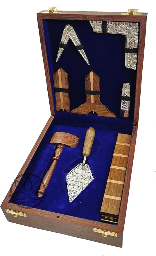 Masonic Toolset Wooden Premium Handcrafted Masonry Tools Trowel Gavel Square Compass and Level Ruler Set with Wooden Box Wooden Gavel and Trowel (Medium)