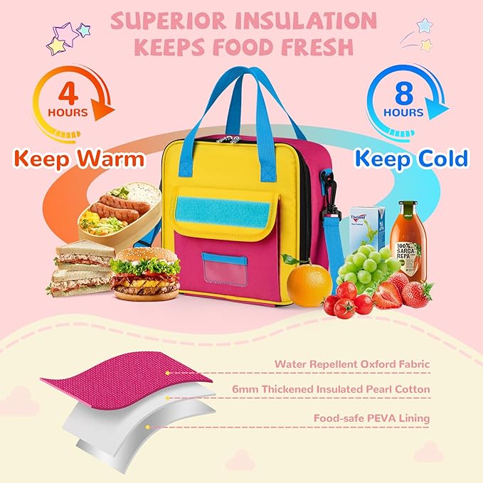 REDSHELL Tactical Lunch Box Kids, Large Insulated Lunch Bag for Girls, Cooler Lunchbag, Square Toddler Lunchbox, School Daycare Lunch Tote Pail with Water Bottle Holder Shoulder Strap, Pink Blue