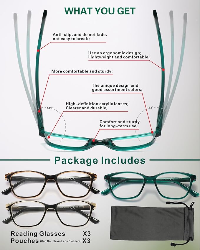 Reading Glasses for Women, 3-Pack Blue Light Computer Eyeglasses, Cat-Eye Fashion Full Frame with Spring Hinge Ladies Readers +2.25diopter