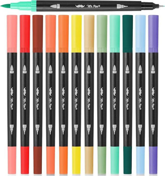 Mr. Pen- Dual Tip Brush Pens, 12 pcs, Assorted Color, Fine & Brush Tip Markers for Adult Coloring Markers for Adults