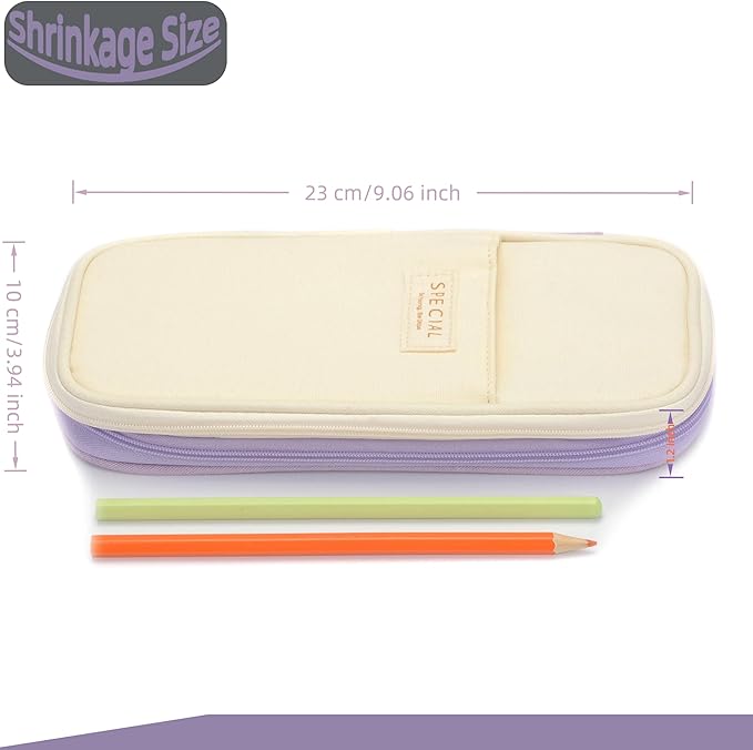 Large Capacity Big Special Cute Aesthetic Preppy Canvas Pencil Case Organizer Holder Pouch Bag with Zipper Compartments, Pen Cases for Women Girls School Adults (Beige/Purple)