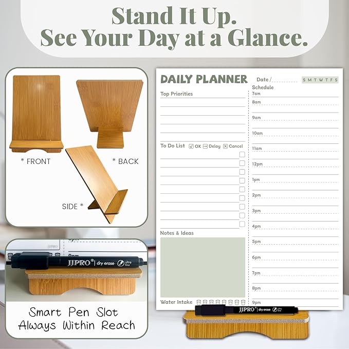 JJPRO Reusable Desktop Daily Planner with Stand,Reusable Time Schedule Board,11"x8.5" Hourly Schedule Dry Erase Board with Time Slots,Desk Hourly Dry Erase Board w/Engineered Wood Stand-Sage Green