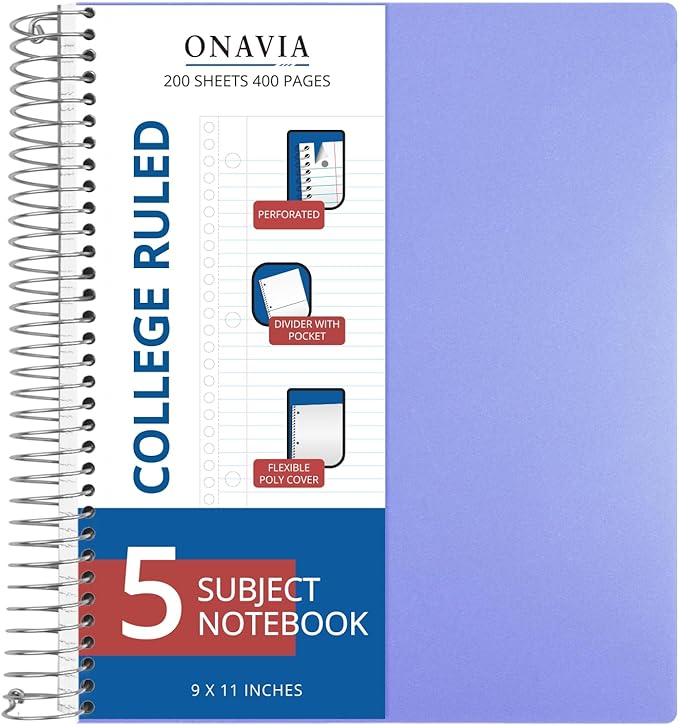 ONAVIA 5 Subject Spiral Notebook, 1 Pack, College Ruled, 9 x 11 in, 200 Sheets, Poly Cover, 3-Hole Punched with Dividers and Pockets for Classroom Study, Cornflower