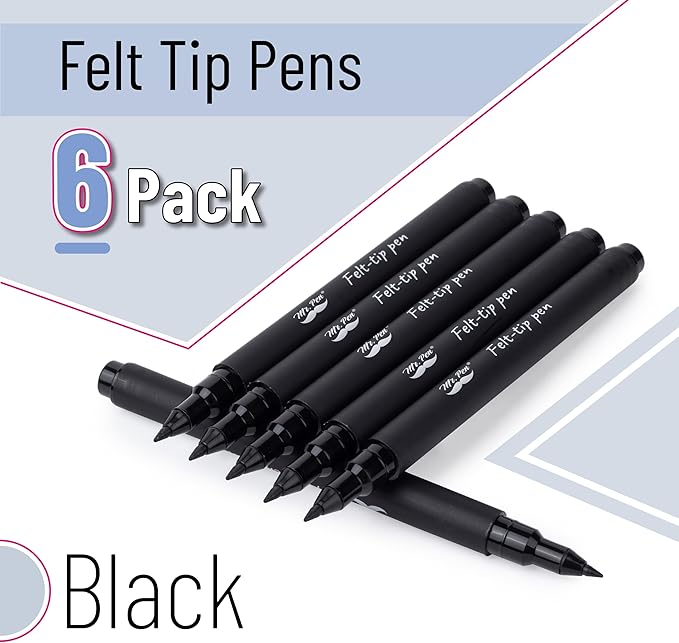 Mr. Pen- Black Felt Tip Pens, Fine Point, 6 Pack, Fast Drying, No Smear, Bible Journaling Pens No Bleed-Through for Planners, Sketching, Writing
