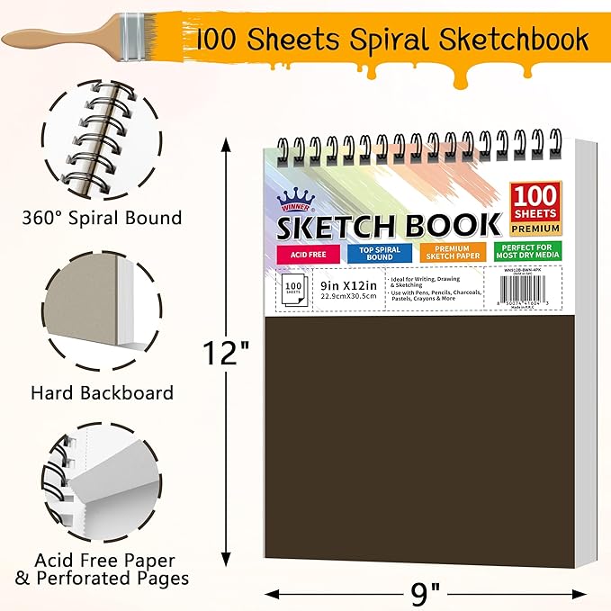 WINNER 9" x 12" Sketch Book 4 Pack, 400 Sheets Spiral Bound Art Sketchbook, 68lb/100gsm White Acid Free Drawing Pad, Sketching Drawing Writing Sketch Pad for Kids, Adults & Artists, Art Supplies