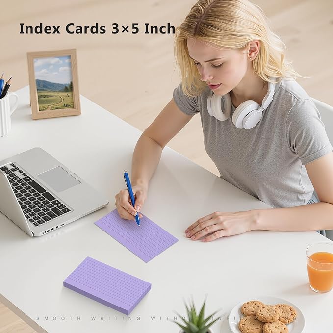 250 Count Index Cards 3 x 5 Inch, Thick Purple Lined Note Cards Portable Ruled Flash Cards Perfect for Studying and Organizing, Note Taking Study Flashcards for Home, School and Office