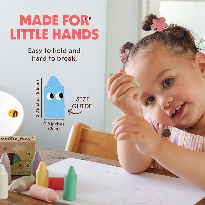Honeysticks 100% Pure Beeswax Crayons (12 Pack) - Pastel Colored - Non Toxic Crayons for Toddlers 1-3, Safe for Baby from 1 Year Old Plus, Handmade with Natural Beeswax and Food-Grade Colors, Eco