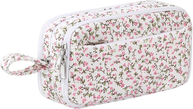 Corduroy Pencil Case, Large Capacity Pencil Pouch with 4 Compartments, Cute Soft Aesthetic Stationery Pen Bag Organizer with Zipper, Portable School Supplies for Teen and Adult Girls, Pink Flower