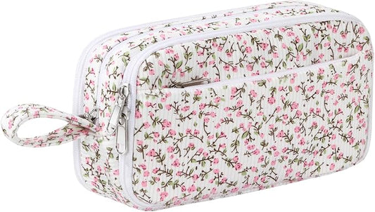 Corduroy Pencil Case, Large Capacity Pencil Pouch with 4 Compartments, Cute Soft Aesthetic Stationery Pen Bag Organizer with Zipper, Portable School Supplies for Teen and Adult Girls, Pink Flower
