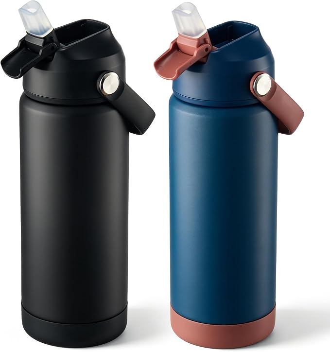 Fijinhom 18 oz Insulated Water Bottle with Straw Lid, Stainless Steel Water Bottles, Double Wall Vacuum, Portable Handle & Non-slip Bottom, BPA Free Leak Proof Metal Bottles (Black+Sapphire, 2pack)