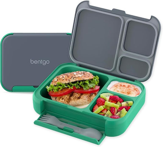 Bentgo Kids Stow & Go Leak-Proof Lunch Box with Built-In Utensil | 3.5-Cup Capacity, Removable Tray, Portion-Perfect Compartments for Kids and Teens, 2-in-1 Spoon & Fork (Gray Leaf)