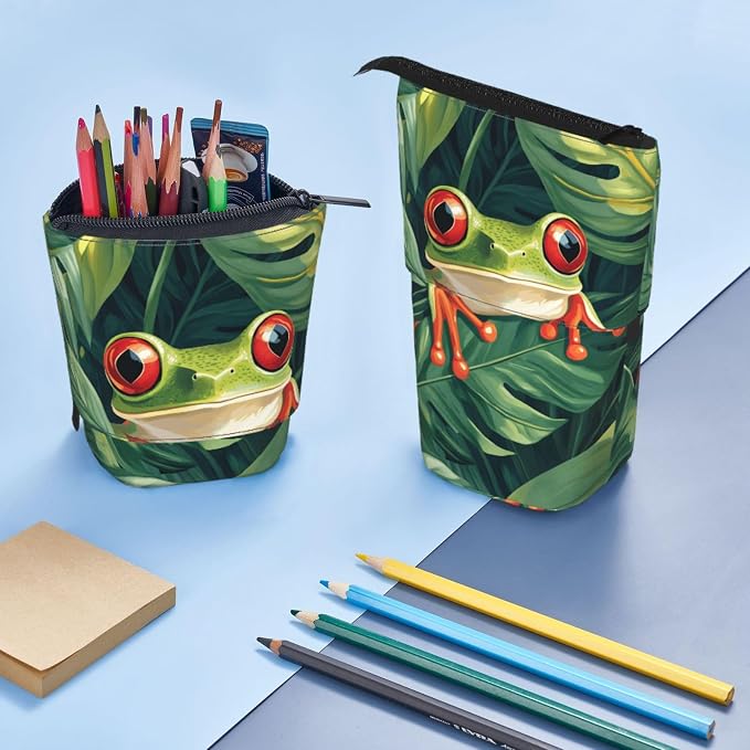 Green Frog Standing Pencil Case Cute Telescopic Stationary Pouch with Zipper Large Capacity Stand up Pen Bag Portable Makeup Holder for School Office Supplies