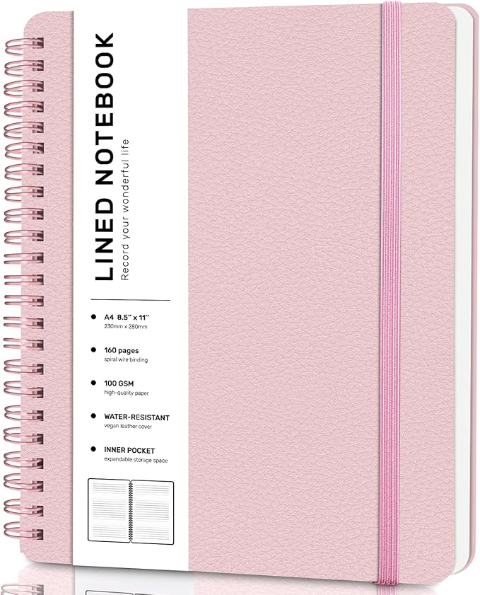 ABERLLS Lined Spiral Journal Notebook with 160 Pages, 8.5×11in, A4 Spiral Notebook, Journaling Notebooks for Work, School, Women, Men, College Ruled Spiral Notebook, Hardcover Leather Journals, Pink