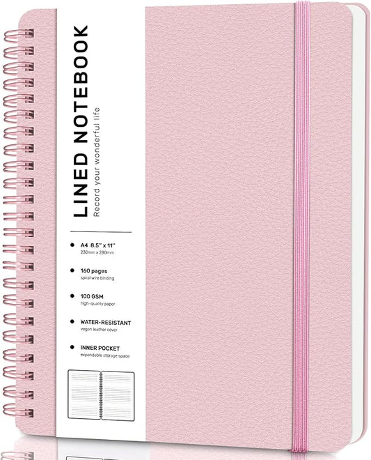 ABERLLS Lined Spiral Journal Notebook with 160 Pages, 8.5×11in, A4 Spiral Notebook, Journaling Notebooks for Work, School, Women, Men, College Ruled Spiral Notebook, Hardcover Leather Journals, Pink