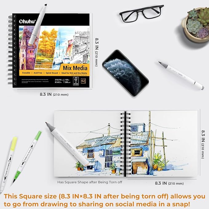 Ohuhu Mix Media Pad, 8.3" x 8.3" Mixed Media Art Sketchbook, 120 lb/200 GSM Heavyweight Papers, 62 Sheets/124 Pages, Spiral Bound Mix Media Paper Pad for Acrylic, Painting, Christmas Gift
