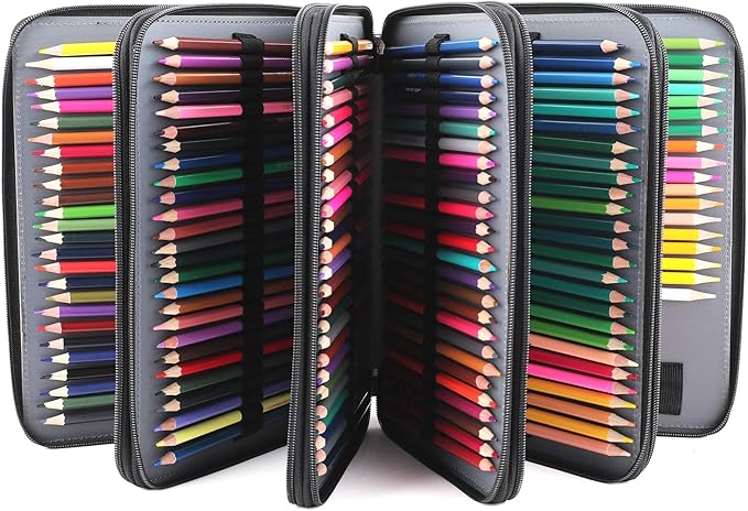 Vomgomfom 252 Slots Pencil Bag, 5-Layer Zipper Art Supply Organizer, PU Leather Portable Colored Pencil Case with Handle for 252 Watercolor Pens, Gel Pens (Black)