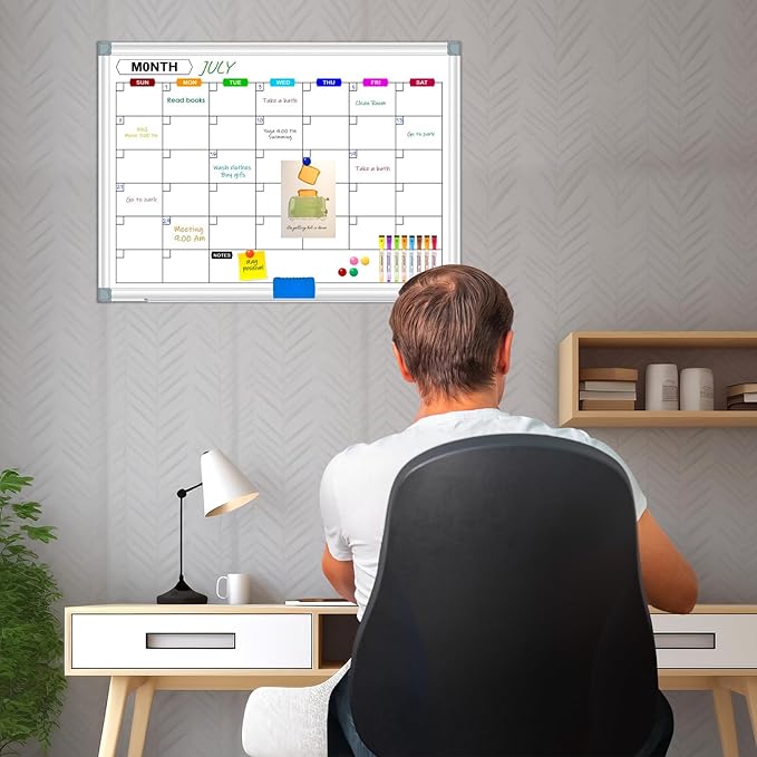 Dry Erase Calendar Whiteboard for Wall, 24" x 18" Magnetic Monthly White Board Calendar with Tray, Hanging Dry Erase Board for Office, Home, School