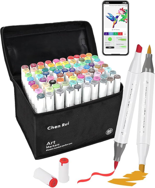 YHC 80 Colors Alcohol Markers Brush Tip with Free App, Chen Rui Series Chisel & Brush Tips Alcohol Brush Markers for Adults Coloring, Drawing, Painting, Illustration, Sketching