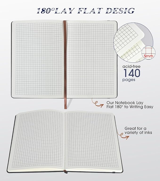 Biuwory Graph Paper Notebook Journal for Women Men,140 Pages Hardcover Grid Notebooks for Work & School,Leather Journals for Writing, Graphing Paper Notebook 5.7"×8.3" (Black)