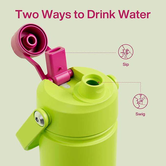 Kids Insulated Water Bottle with Straw - 12oz Stainless Steel Water Bottle with Dual Spouts, Leak-Proof, BPA-Free, Double Wall Vacuum Keeps Cold for 24 Hours for Sports, Travel, School (Acid Green)