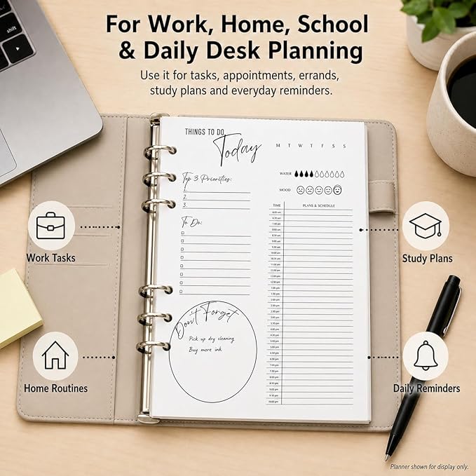 A5 Daily Planner Inserts, 6-Ring Undated Planner Refill Pages with To Do List, Hourly Schedule & Reminders, 100 Double-Sided Sheets, 100gsm White Paper, 5.8 x 8.3 in