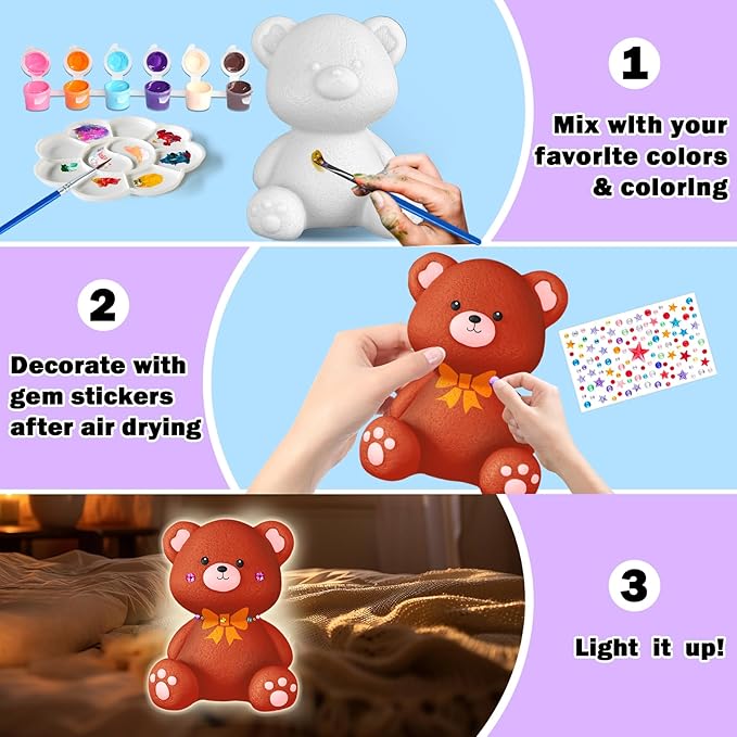 FUNZBO Paint Your Own Bear Lamp Kit - Arts and Crafts Supplies Painting Kits for Kids Teens, DIY Night Light Toy for Girls Boys Ages 3 4 5 6 7 8 9 10 11 12 Birthday Gifts