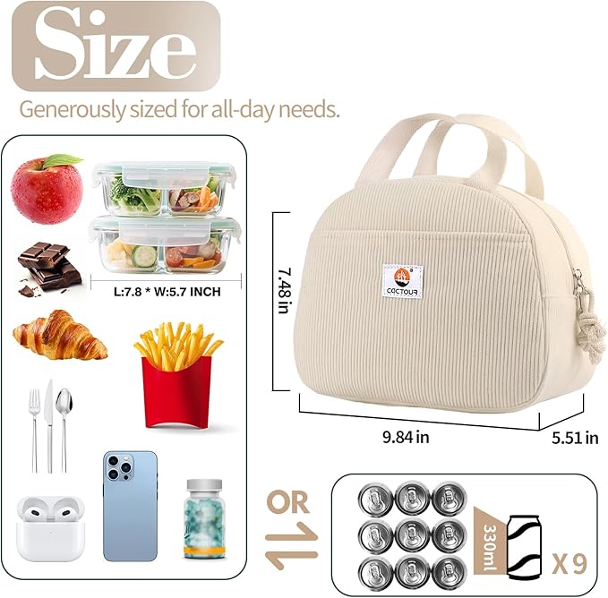 CaCTOUR Lunch Bag Lunch Box for Women Girls Teens, Cute Lunch Box Cooler Bag,Portable Small Reusable Corduroy Insulated LunchBox for Work/Travel/Picnic/School (Beige)