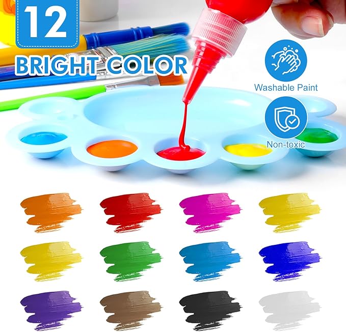 64 Pack Washable Paint Set, 12 Colors Non Toxic Finger Paints with Sponges, Paint Brushes, Waterproof Paint Smock, Palettes, Cards, Storage Box for Art, Crafts, Children Age 12+ and Adults(2 oz Each)