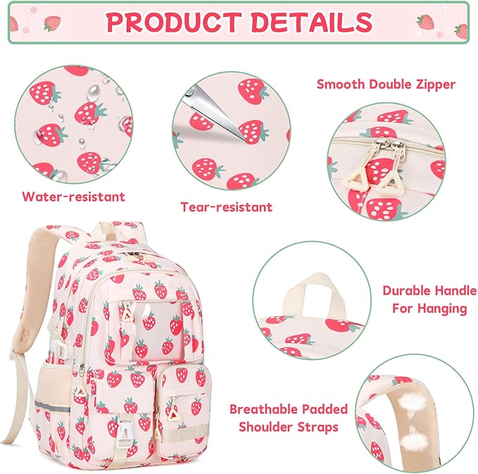 PIG PIG GIRL Backpack for Girls 3pcs Set Kids Backpack with Lunch Box Students Kawaii Book Bag for Elementary Primary Middle School Bags - Ita Backpack - Strawberry