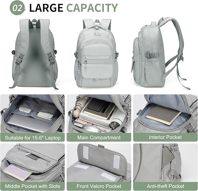 Aesthetic Daypack Backpack, Water-Resistant 15.6" Laptop Backpack for Women and Men, Featuring Touch-Fastener and Anti-Theft Pockets (Gray)