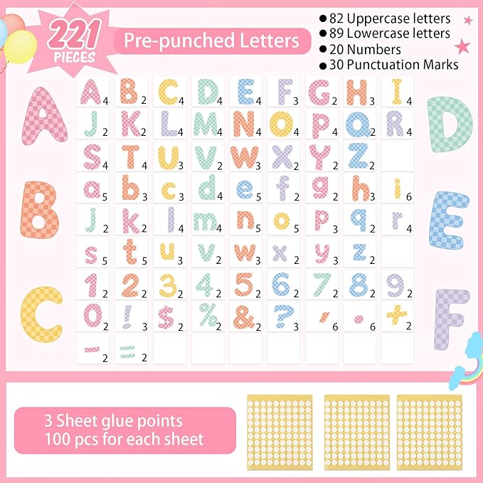 221 Pcs Checkered Bulletin Board Letters, Round Alphabet Number Punctuation Symbol Combo Letter Cutouts, Pastel Classroom Decor for Summer School Chalkboard Whiteboard Poster Wall