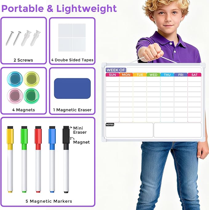 MaxGear Weekly Calendar Dry Erase Board for Wall, 16"x12" Small Hanging Double-Sided White Board with 5 Markers & 4 Magnets, Portable Whiteboard for Students - Planning, Drawing, Memo, to Do List