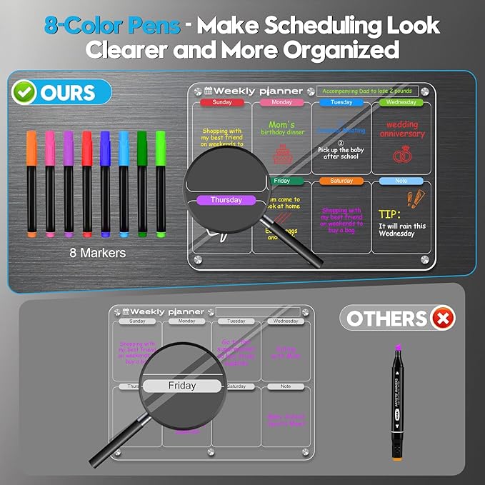 Acrylic Magnetic Calendar for Fridge, Clear Monthly Dry Erase Planning Board for Refrigerator, Reusable Kitchen Whiteboard Planner for Events/Notes, with 8 Colorful Markers, 11.8''×15.7''