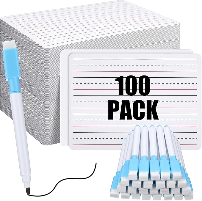 ReliThick 100 Pcs Lined Dry Erase Board with Markers 9 x 12 Double Sided Whiteboards Dry Erase Lapboards with Lines Ruled Writing Board Handwriting Practice