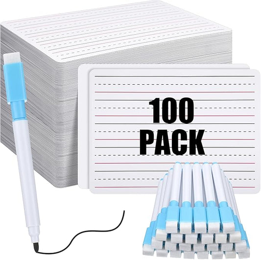 ReliThick 100 Pcs Lined Dry Erase Board with Markers 9 x 12 Double Sided Whiteboards Dry Erase Lapboards with Lines Ruled Writing Board Handwriting Practice
