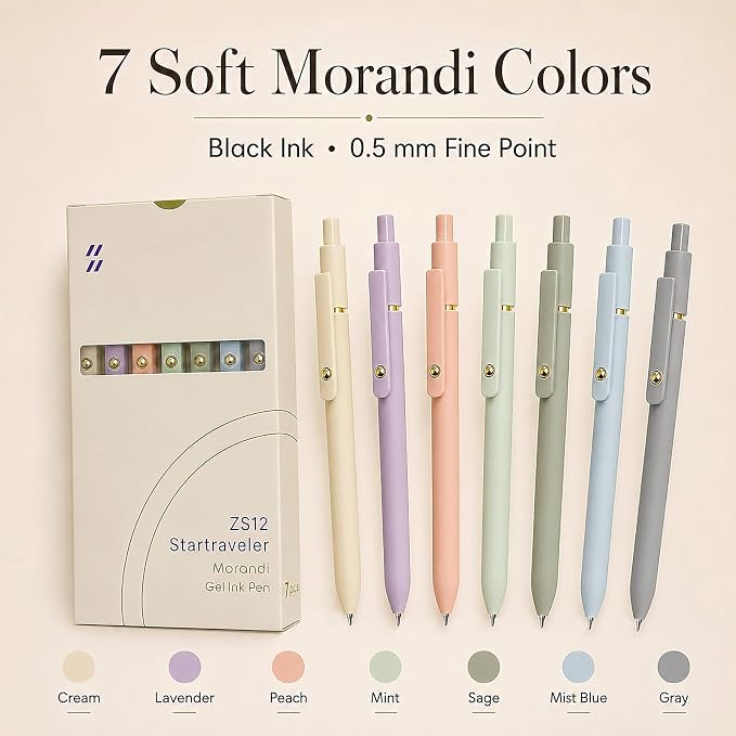 FIOVER Gel Pens, 7pcs 0.5mm Quick Dry Black Ink Fine Point Smooth Writing Pens High-End Series Ballpoint for Office School Supplies (7Pcs Morandi)