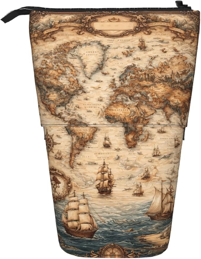 Retro Map Standing Pencil Case Cute Telescopic Stationary Pouch with Zipper Large Capacity Stand up Pen Bag Portable Makeup Holder for School Office Supplies