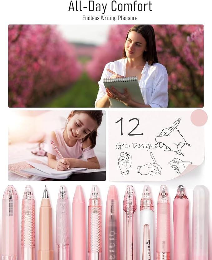 Four Candies Gel Pens, Cute Pink Pens Black Ink, 0.5mm Fine Point, 12-Pack | Back to School Supplies, Office Essentials for Women, Girly Stationery Set, Aesthetic Desk Decor & Accessories - Rose