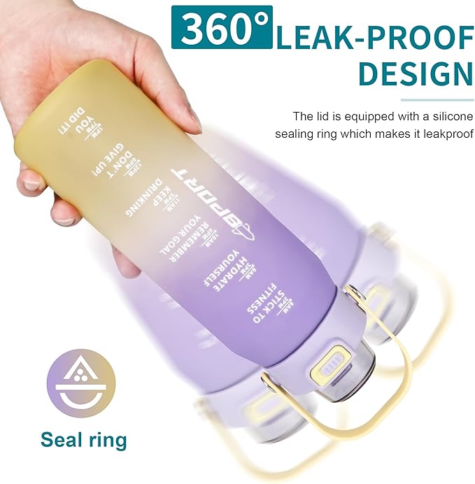 Gulex Motivational Water Bottle 32oz with Time Marker- Leakproof & BPA Free Sports Water Bottle with Straw & Carry Strap for Gym, Travel and Outdoor Sports (Purple/Yellow Gradient)